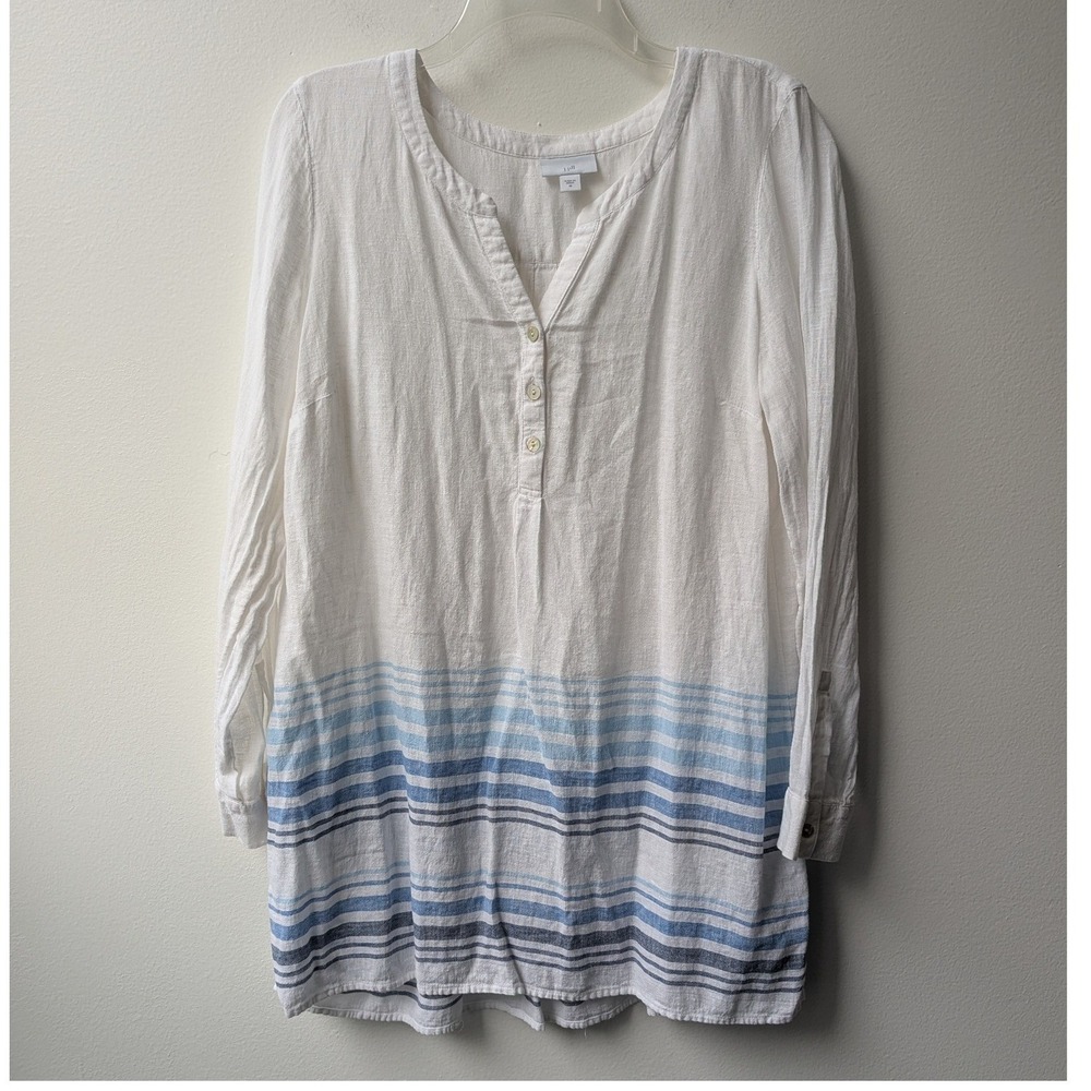 J. Jill Tunic Top White Blue Striped Linen Blend Henley Sz M Coastal Resortwear
